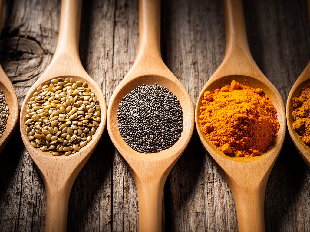 Cuillères en bois alignées contenant différentes graines et épices — graines de lin dorées, graines de chia noires, curcuma jaune — sur fond en bois brut, lumière directionnelle révélant les textures