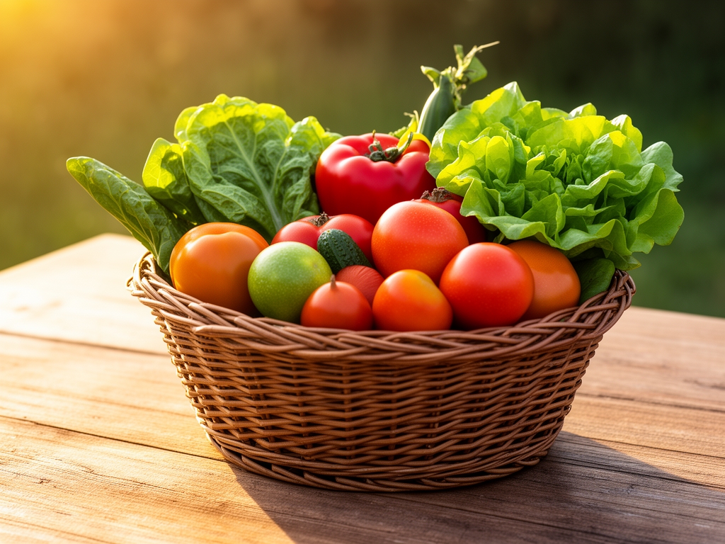Panier en osier rempli de légumes et fruits colorés variés sur une table en bois naturel, lumière dorée du matin éclairant doucement les textures des légumes verts, rouges et oranges