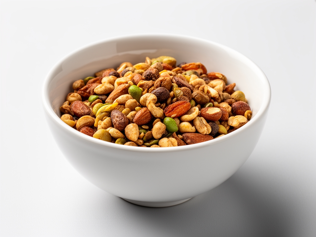 Bol en céramique blanc rempli d'une salade composée de légumes verts, pois chiches, graines de tournesol et herbes fraîches, fond en pierre naturelle grise, lumière naturelle douce et ombres légères