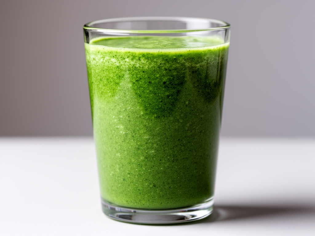 Verre transparent contenant un smoothie vert épais à base d'épinards et de fruits, posé sur une surface en bois clair avec des feuilles vertes fraîches en arrière-plan et lumière naturelle douce